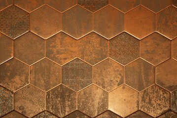 Background of metal hexagonal tiles made in copper tones with an aged effect