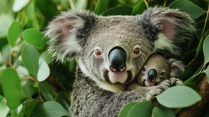 Obraz premium Koala and Joey in a Vibrant Forest Setting