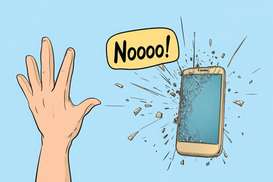 A shattered smartphone mid-air with fragments flying, as a hand reaches out and a speech bubble exclaims "Noooo!" in bold, set against a blue background, styled in a comic design