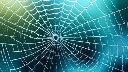 Obraz premium Spider web close up with dew drops on blue teal background