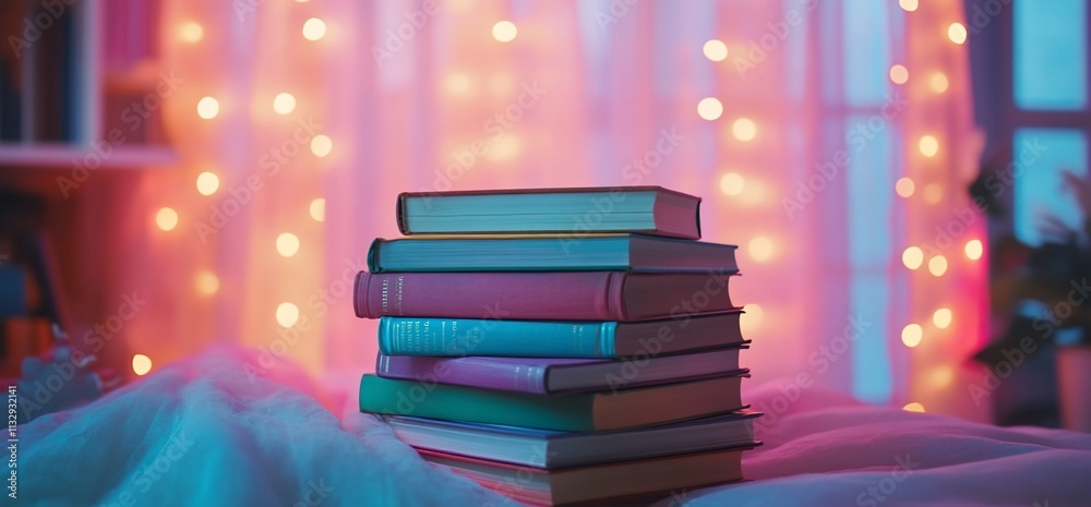 Poster a cozy stack of books on a bed with soft lighting and a dreamy atmosphere.