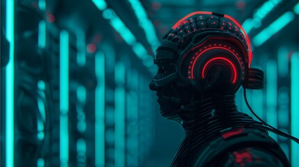 Cybernetic Mind: A futuristic android with glowing red circuitry on its head, stands in a neon-lit corridor, contemplating the possibilities of artificial intelligence.  