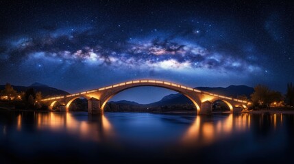 A bridge over a river with a beautiful night sky. The bridge is lit up and the stars are visible