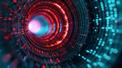 Obraz premium Abstract Digital Tunnel: A mesmerizing journey into the digital realm with swirling patterns of vibrant red and blue light. This abstract image evokes feelings of infinite possibilities.