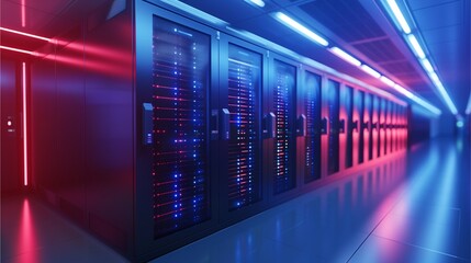 Cyberpunk Server Room: Neon glow illuminates a futuristic server room, rows of powerful servers humming with data, creating a visually striking image of technological prowess. 