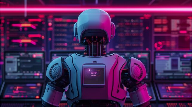 Cybernetic Sentinel: A futuristic robot oversees a network of computer screens in a vibrant, neon-lit control room. This image evokes themes of artificial intelligence, technological advancement.