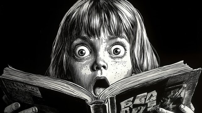 Shocked child reading a book with wide eyes in black and white illustration