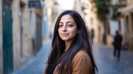 Fototapeta premium Woman with long hair is standing on a street