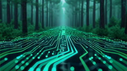 Forest Circuit: A digital pathway through an ethereal forest, glowing circuit board lines winding through the trees, creating a surreal and mysterious atmosphere.