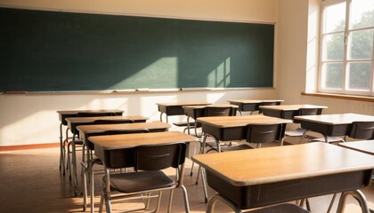 School Classroom with Empty Desks, Chalkboard, and Soft Morning Sunlight