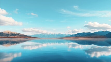 Fototapeta premium Serenity in the Mountains: A serene landscape photo of a tranquil lake reflecting a clear blue sky, with mountains and clouds in the distance. This image evokes a sense of peace and calm.