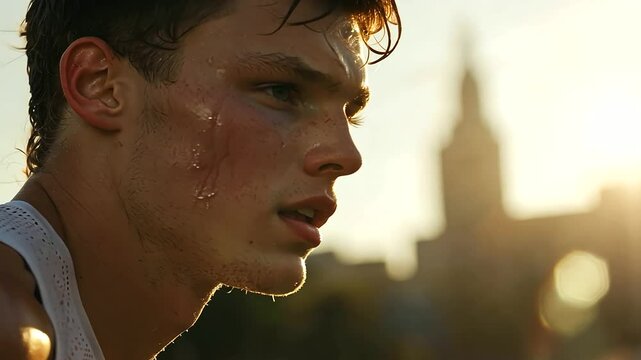 Runner Approaching Marathon Finish Line in Urban Environment