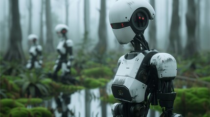Fototapeta premium Robotic Sentinels in the Misty Forest: Futuristic robots stand guard in a mysterious, fog-laden forest, their sleek white bodies contrasting against the lush greenery.