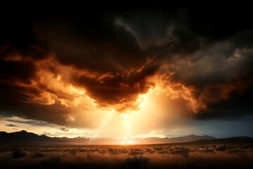 Obraz premium Majestic sunset illuminates storm clouds over a vast desert landscape during a dramatic weather event