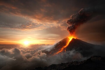Fototapeta premium Volcanic eruption at sunset reveals flowing lava and dramatic clouds in the sky over a mountainous landscape