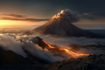 Fototapeta premium Majestic volcano erupts at sunset, illuminating clouds and landscape in fiery glow over mountains
