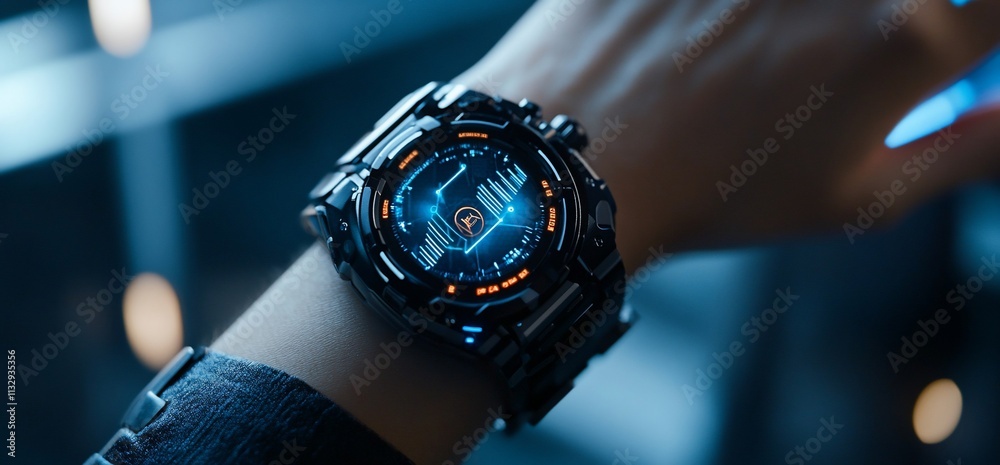 Poster a futuristic smartwatch displaying a digital interface on a wrist.