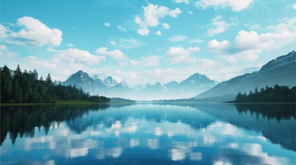 Fototapeta premium Serene Mountain Lake Reflections: Capturing the breathtaking beauty of a pristine mountain lake.