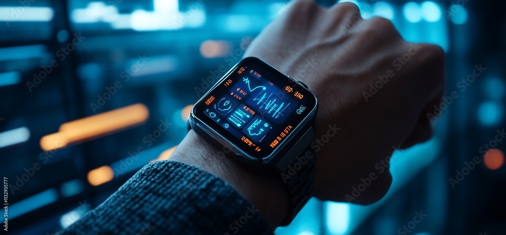 Fototapete a futuristic smartwatch displaying data and metrics on a wrist.