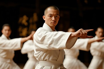 Martial artists practice techniques in traditional dojo during evening training session in Japan