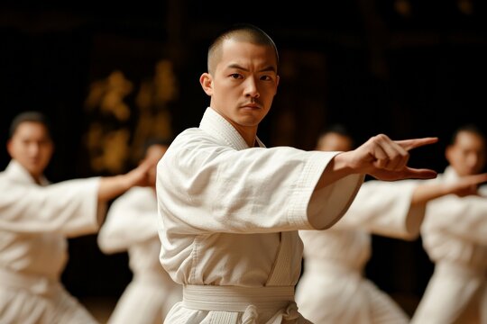 Martial artists practice techniques in traditional dojo during evening training session in Japan