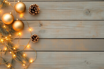 Festive holiday flat lay featuring glowing string lights, golden baubles, and pine decorations on a wooden backdrop