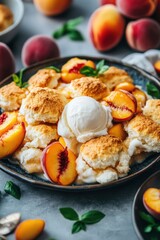 A delicious peach cobbler topped with ice cream and fresh peaches on a plate.