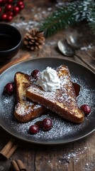 A festive plate of French toast topped with whipped cream and cranberries, set in a cozy atmosphere.
