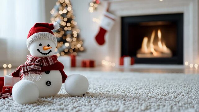 Sc&egrave;ne de No&euml;l dans un salon avec un bonhomme de neige, un sapin et un feu de chemin&eacute;e - Vid&eacute;o boucl&eacute;e. Christmas scene in a living room with a snowman, a fir tree and a fireplace - Looped video.