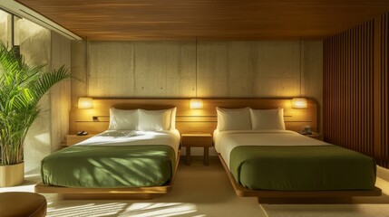 A serene hotel room with two green beds, soft lighting, and natural wood elements, creating a relaxing space for guests