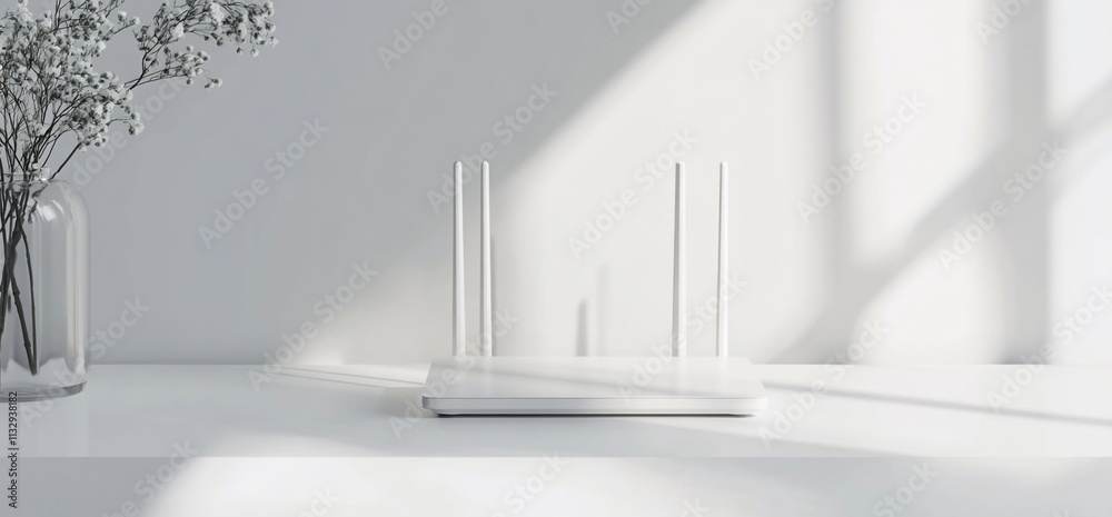 Poster a minimalist setting featuring a white wireless router on a clean surface.
