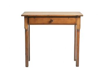 Wooden table featuring a single drawer, characterized by its rustic design and natural finish, isolated against a transparent background. It is perfect for adding a vintage touch to any setting or des