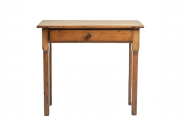 Wooden table featuring a single drawer, characterized by its rustic design and natural finish, isolated against a transparent background. It is perfect for adding a vintage touch to any setting or des