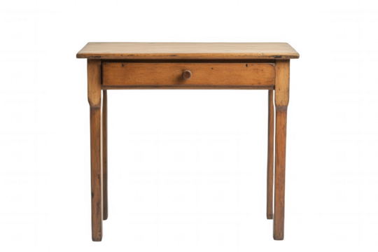 Wooden table featuring a single drawer, characterized by its rustic design and natural finish, isolated against a transparent background. It is perfect for adding a vintage touch to any setting or des