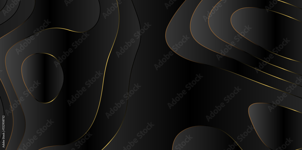Poster Abstract black golden gradient Topographic line map pattern background. Contour elevation topographic and textured Background Modern design with black background with topographic wavy patte.	