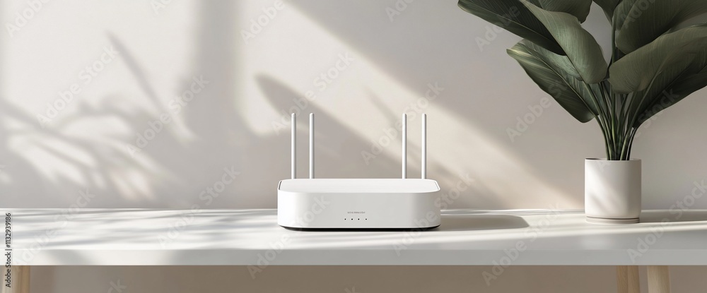 Poster a modern white router on a minimalist table with a plant in a pot.
