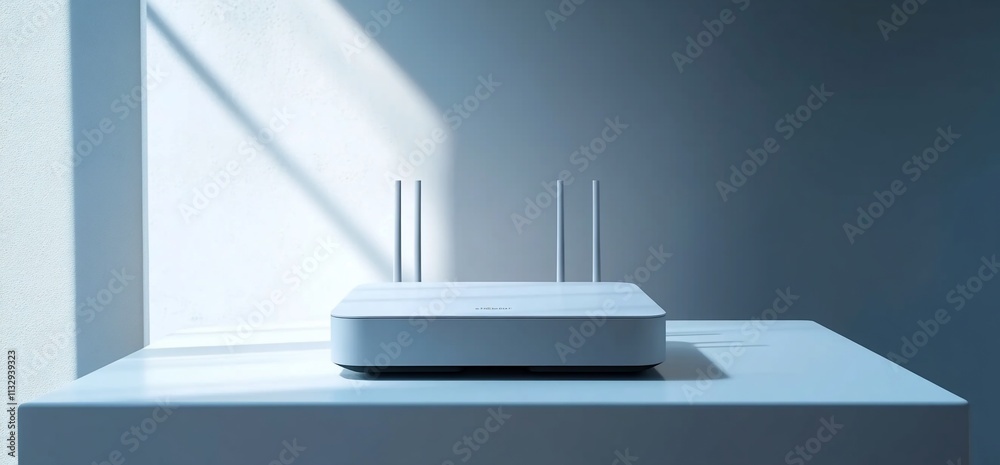 Poster a modern white router placed on a table, illuminated by soft light.