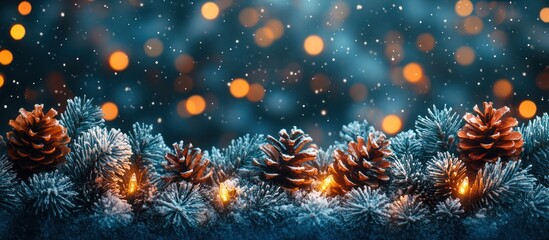 Fototapeta premium Festive winter scene with pine cones, snowy branches, and warm lights against a bokeh background.