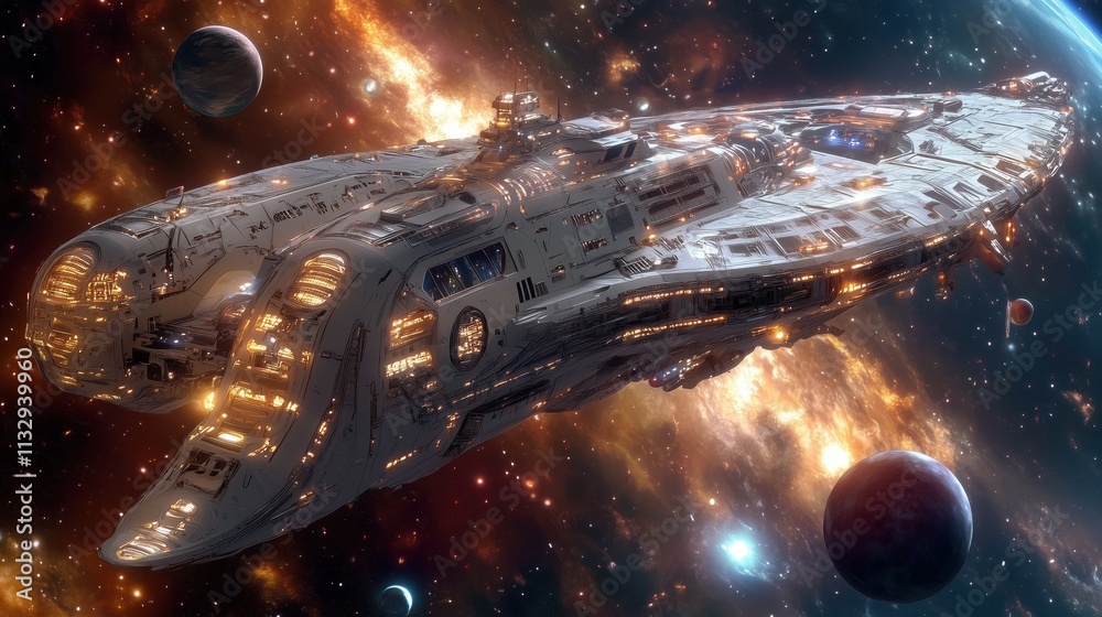 Wall mural a large spaceship is flying through space with a bright orange planet in the background. the ship is