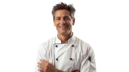 Positive professional happy caucasian american middle age male chef on white background
