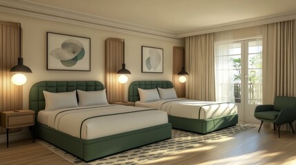 An elegant hotel double room with matching green beds, polished wood flooring, and subtle decor in neutral tones, offering a serene atmosphere
