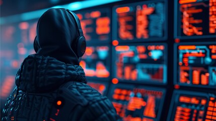 Cybersecurity Specialist: A hooded figure stands before a wall of glowing screens, illuminated in shades of red and blue, a symbol of vigilance, protection, and the intricate world of cybersecurity.