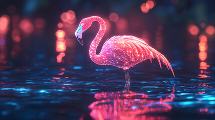 A cyber flamingo icon glowing with social behavior metrics, representing online wildlife observation platforms, digital ecology tools, and conservation initiatives.  