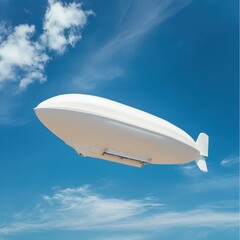 White airship flying against a clear blue sky with clouds