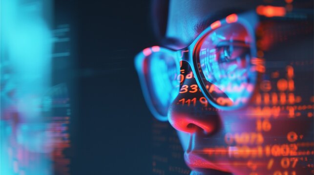 Code Breaker: A close-up portrait of a programmer, their face illuminated by the glow of a digital screen, reflecting rows of code and data.