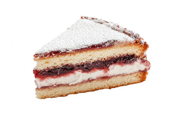 A slice of delectable layered cake is presented, showcasing fluffy sponge layers filled with rich jam and sweet cream. The cake is topped with a light dusting of powdered sugar, highlighting its invit