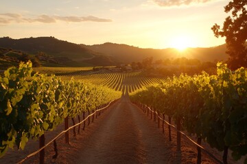 Fototapeta premium Vineyards basking in golden sunlight during sunset in a picturesque landscape