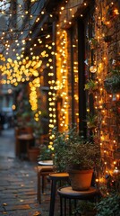 Obraz premium Cozy outdoor patio with solarpowered string lights recycled furniture and potted plants creating a peaceful ecofriendly space