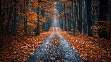 Pathway through a forest with orange leaves