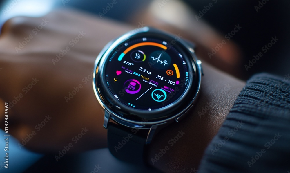 Aufkleber a smartwatch displaying health metrics and fitness data on a wrist.